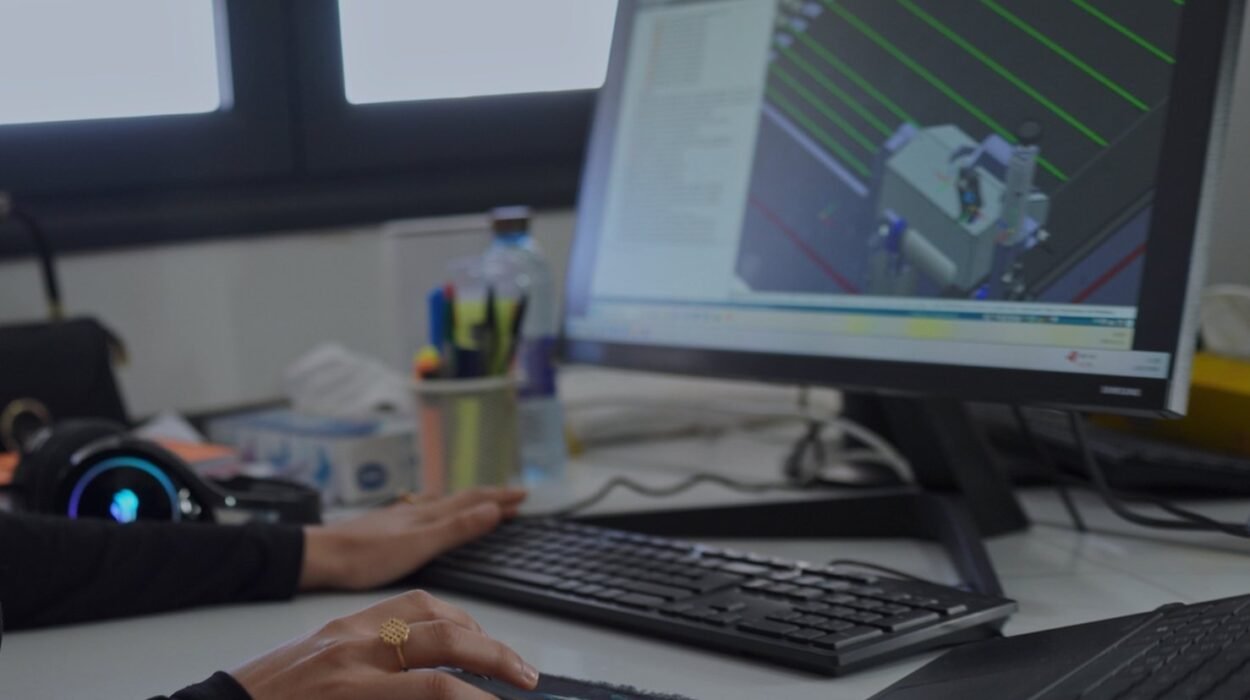 Poste de travail en conception mécanique avec modèle 3D industriel sur écran